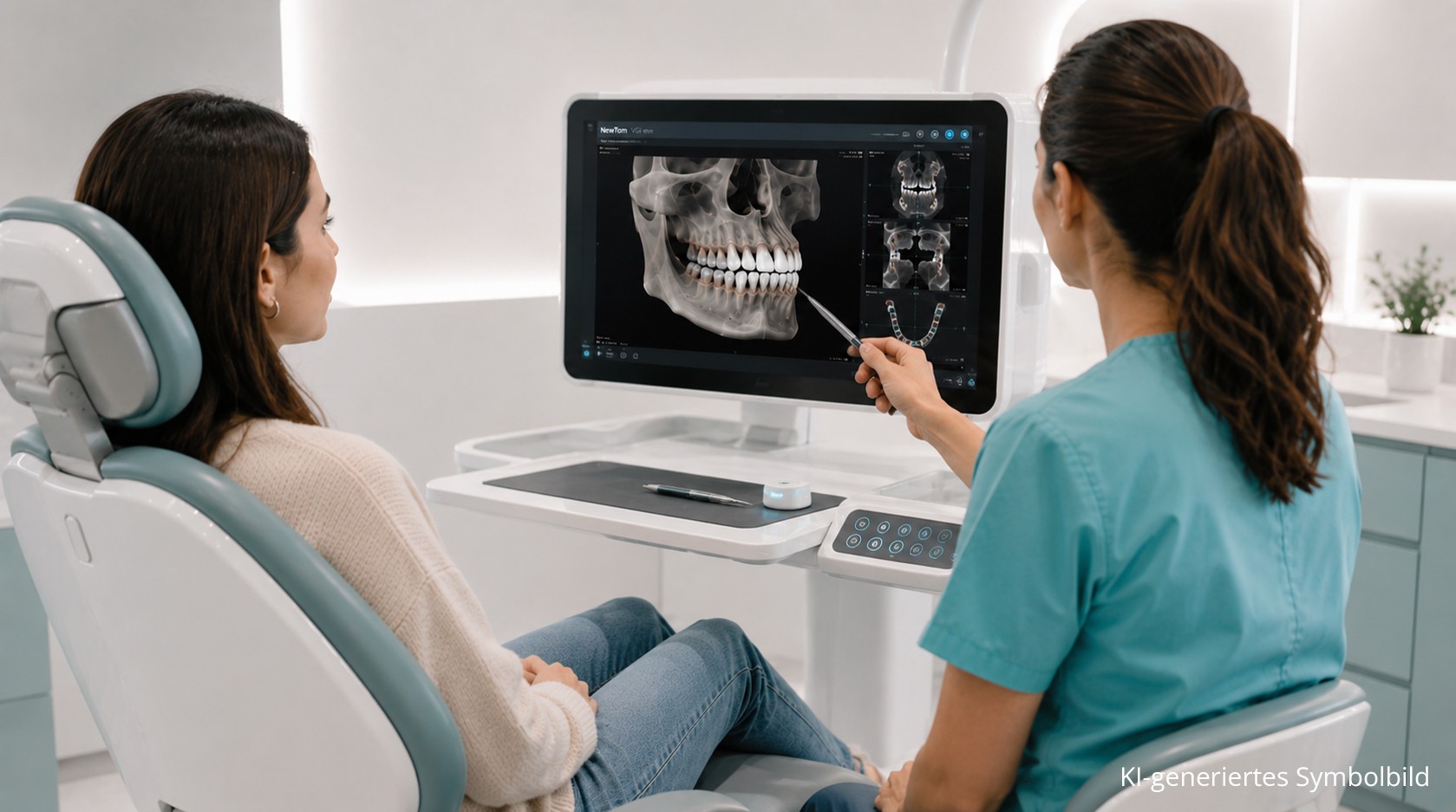 Zahnärztin bespricht mit einer Patientin am Behandlungsstuhl eine DVT-Aufnahme auf dem Bildschirm.
